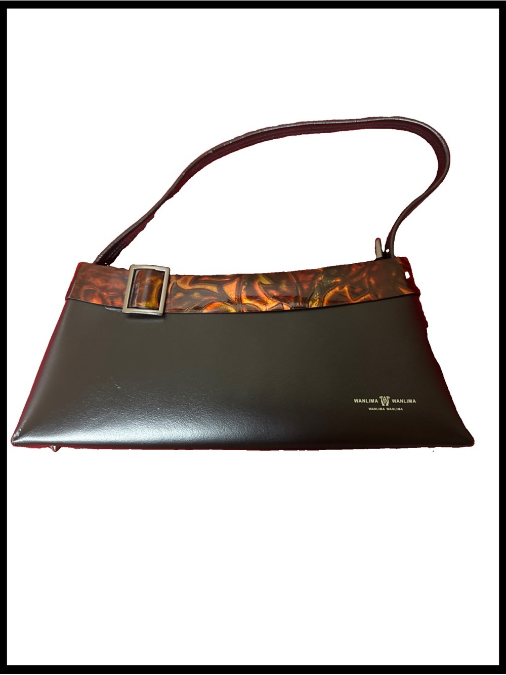 Wanlima Wanlima Small Black Genuine Cowhide Leather Bag Brown Tortoise Accent